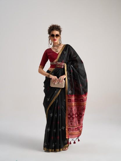 Black Pure Soft Art Silk Handloom Bandhej Print Saree 