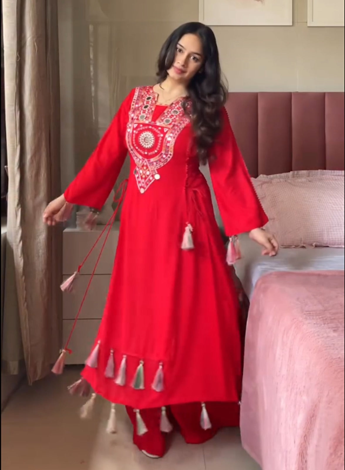 Red Pure Soft Cotton Kurti Plazo 