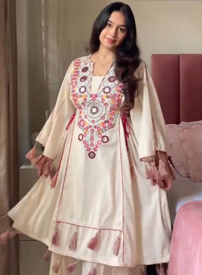 Cream Pure Soft Cotton Kurti Plazo