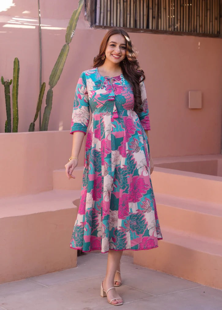Multicolore Pure Soft Muslin Long Floral Printed Kurti 