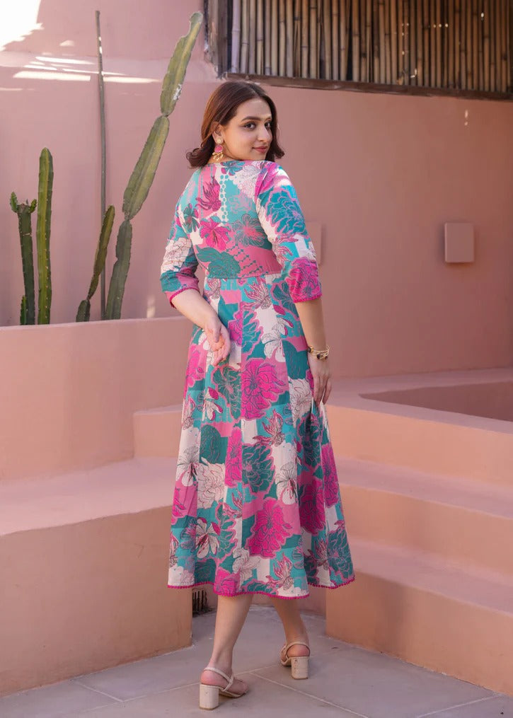 Multicolore Pure Soft Muslin Long Floral Printed Kurti ##color## Kurti Plazo with premium fabric and embroidery