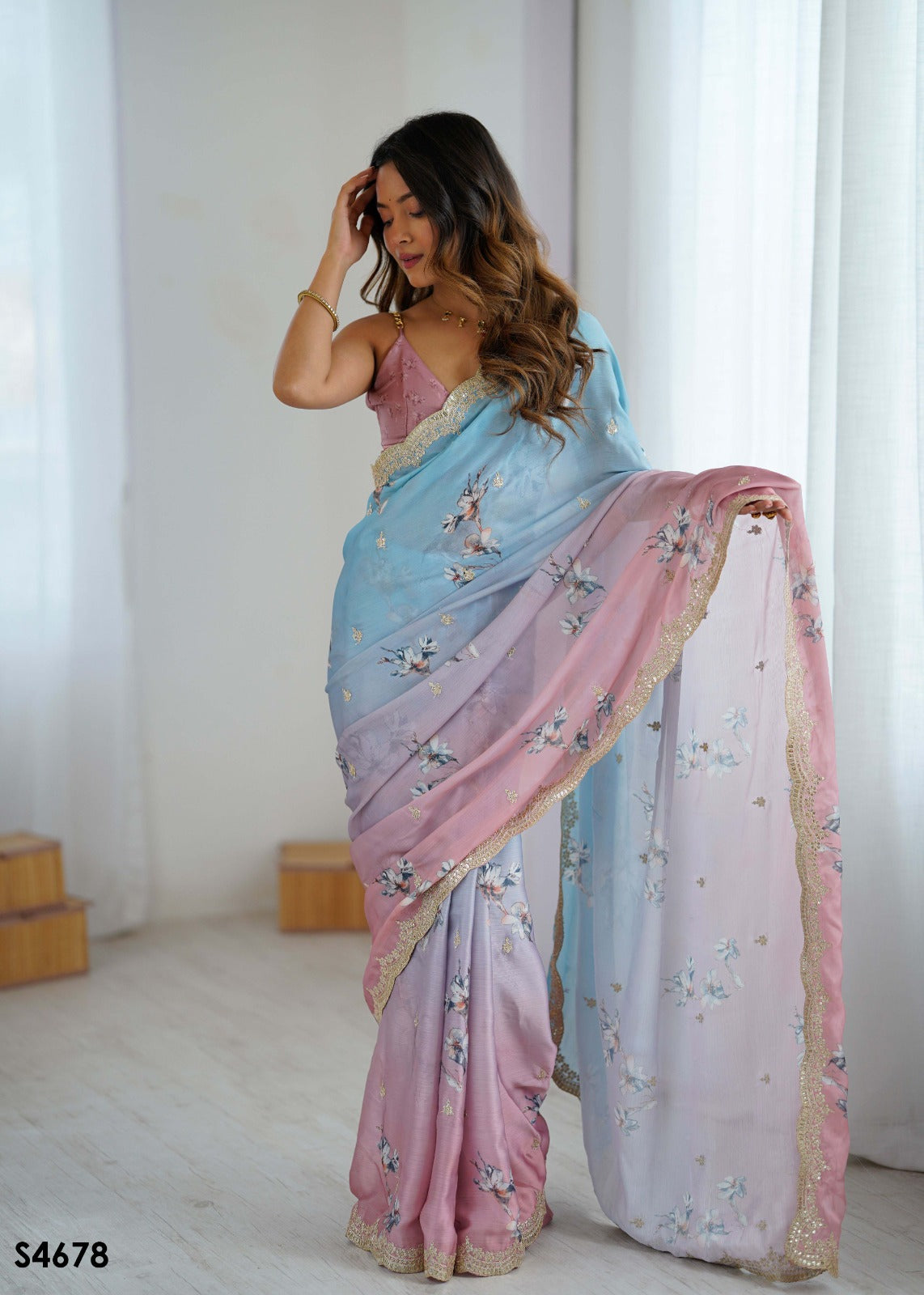 Aqua Pink Two Tone Satin Silk Sequins Embroidery Ready to Wear Saree ##color## Ready to Wear Saree with premium fabric and embroidery
