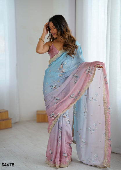 Aqua Pink Two Tone Satin Silk Sequins Embroidery Ready to Wear Saree 