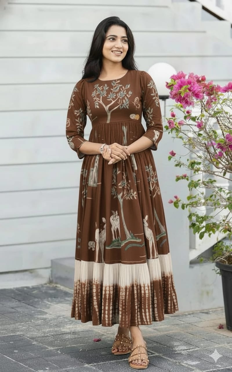 Brown Pure Soft Muslin Cotton Long Kurti ##color## Kurti Plazo with premium fabric and embroidery
