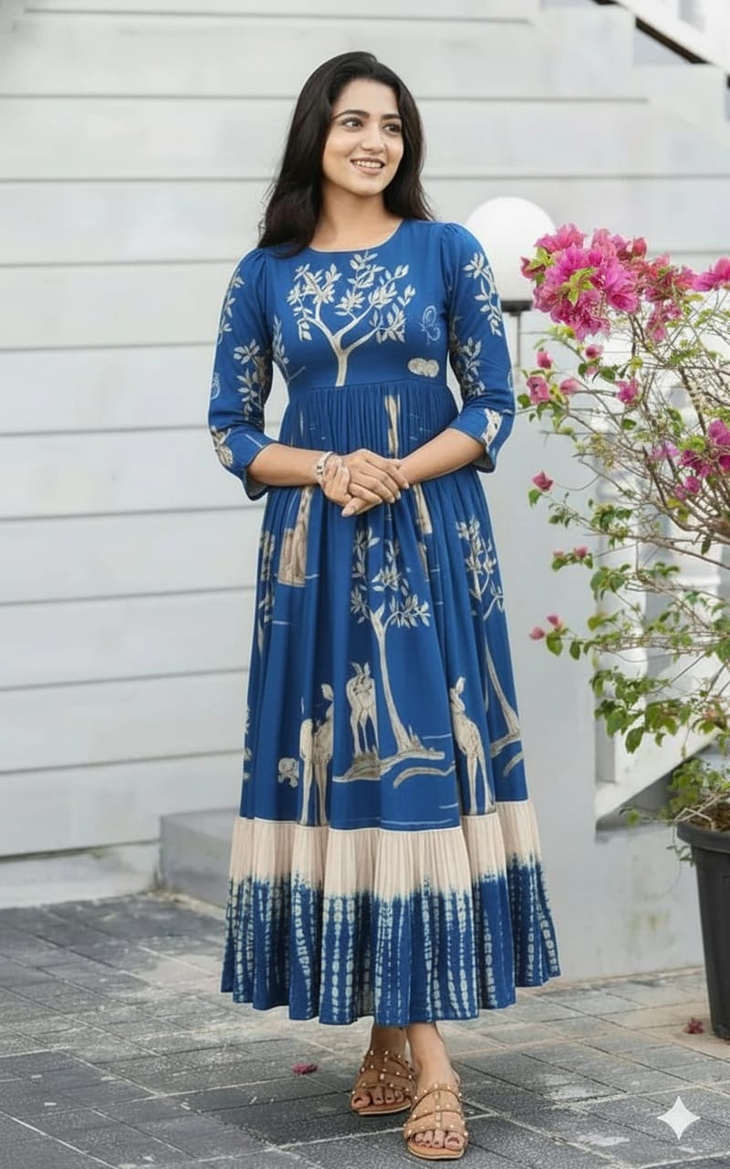 Blue Pure Soft Muslin Cotton Long Kurti ##color## Kurti Plazo with premium fabric and embroidery