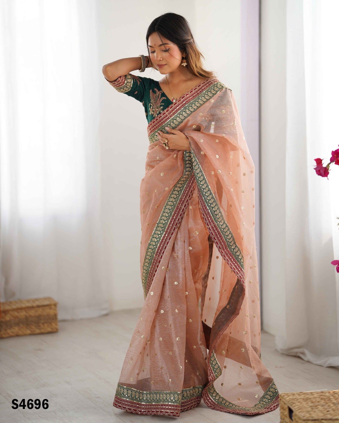 Peach Pure Soft Crush Banarasi Silk Saree ##color## Ready to Wear Saree with premium fabric and embroidery