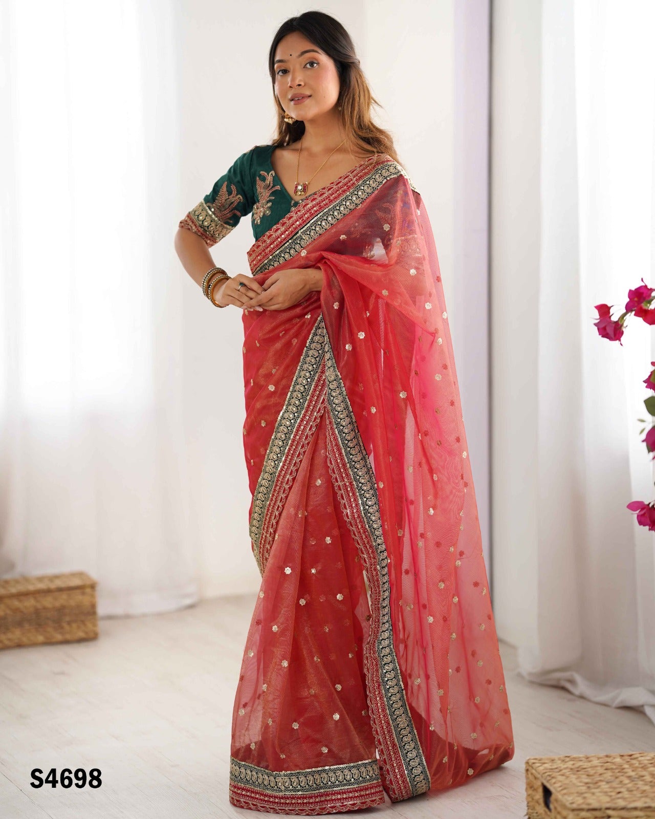 Red Pure Soft Crush Banarasi Silk Saree ##color## Ready to Wear Saree with premium fabric and embroidery