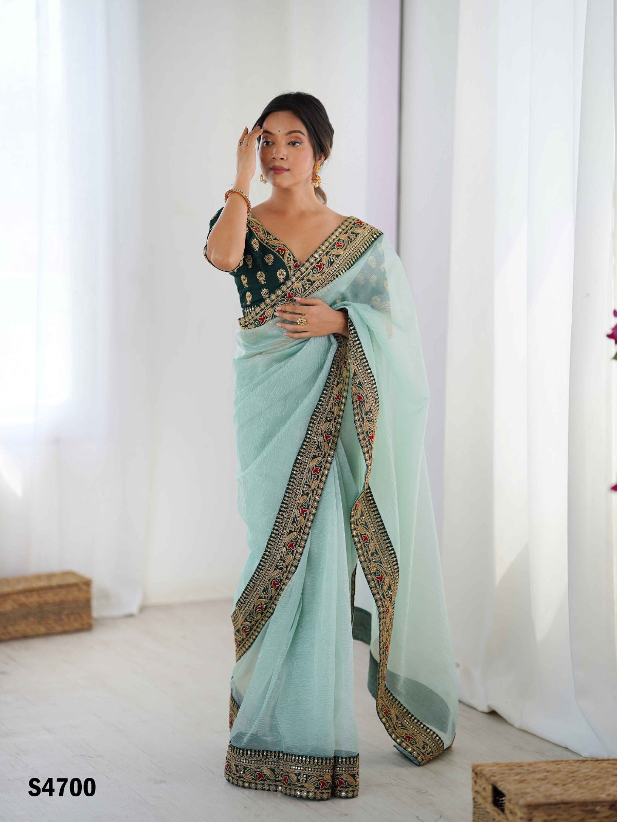 Sea Green Pure Soft Crush Banarasi Silk Saree ##color## Ready to Wear Saree with premium fabric and embroidery
