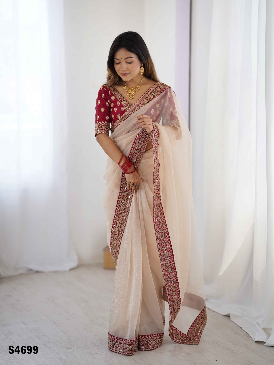 Cream Pure Soft Crush Banarasi Silk Saree 