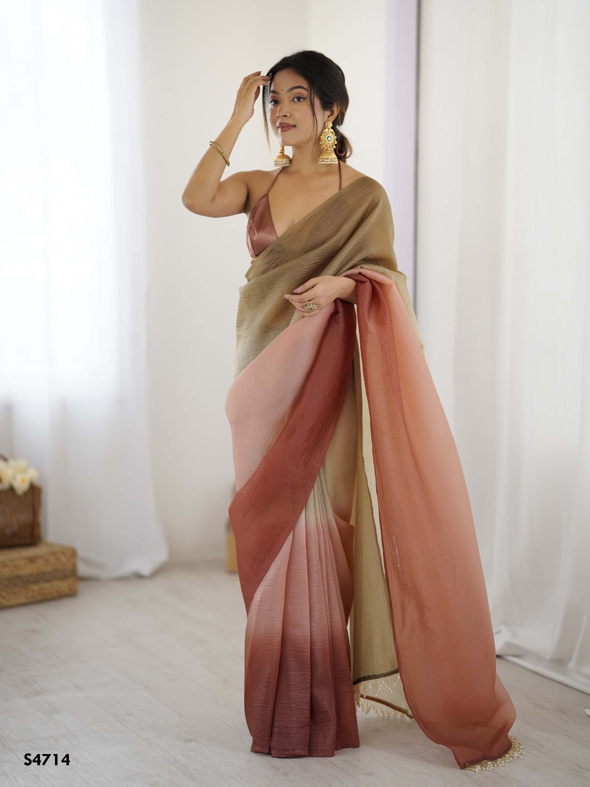 Brown shaded Pure Soft Candy Crush Silk Ready to Wear Saree ##color## Ready to Wear Saree with premium fabric and embroidery