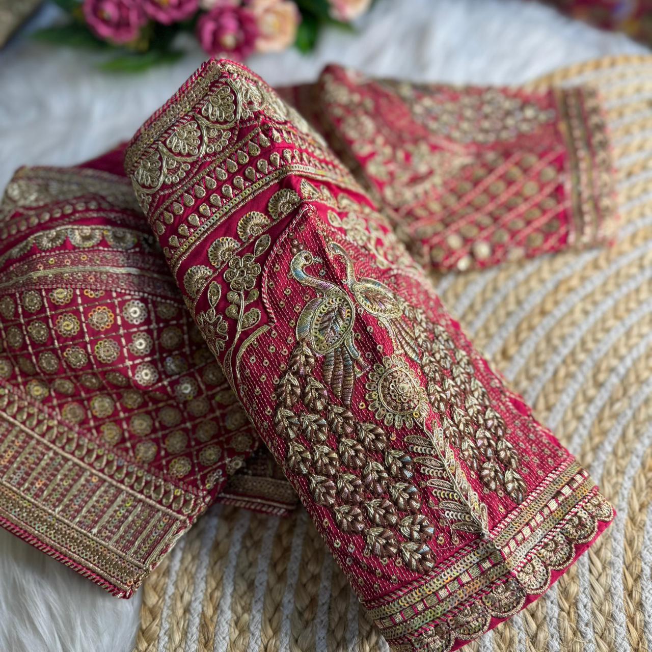 Readymade Pure Soft Roman Silk Heavy Gold Jari Work Bridal Blouse 