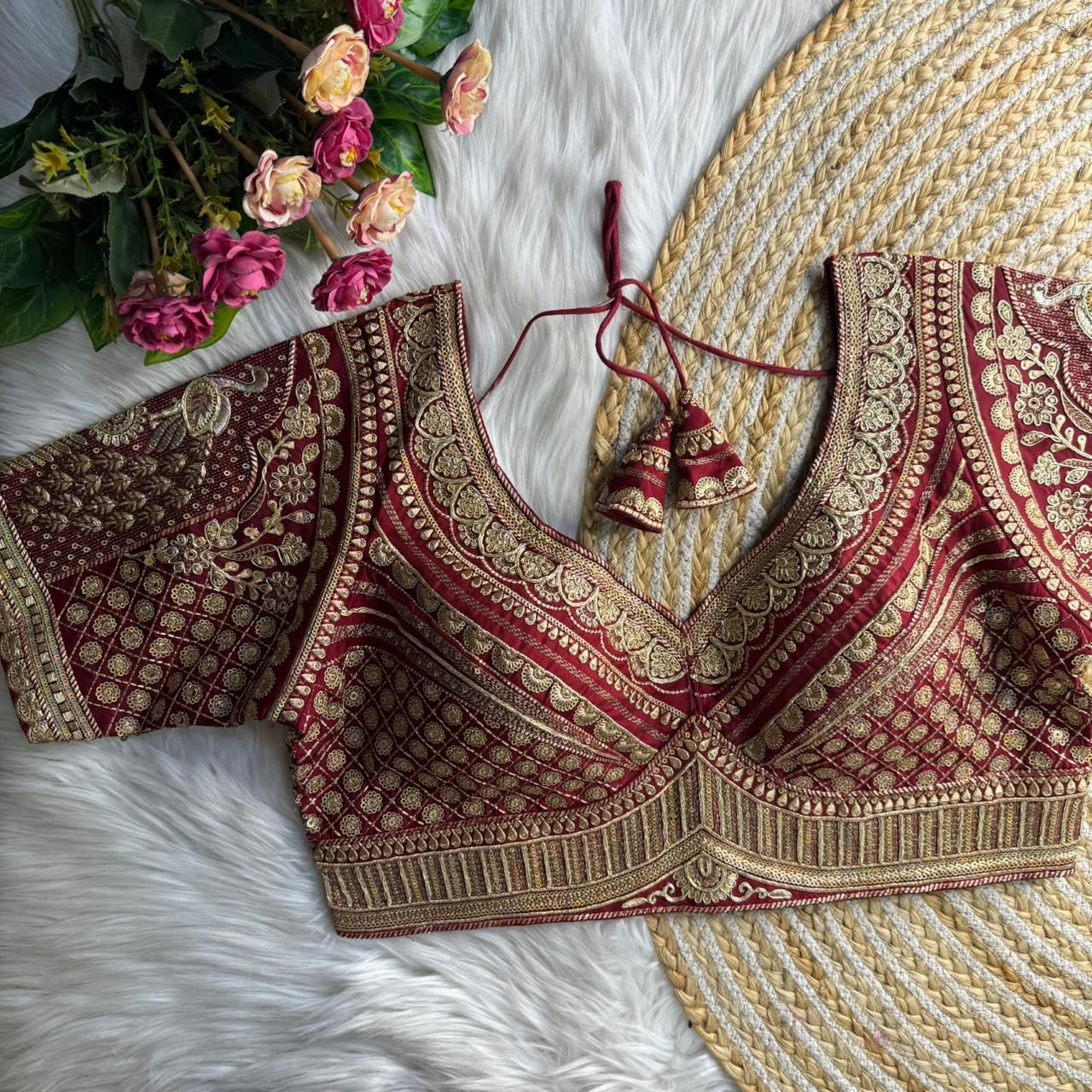 Readymade Pure Soft Roman Silk Heavy Gold Jari Work Bridal Blouse 