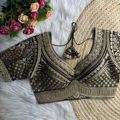 Readymade Pure Soft Roman Silk Heavy Gold Jari Work Bridal Blouse 