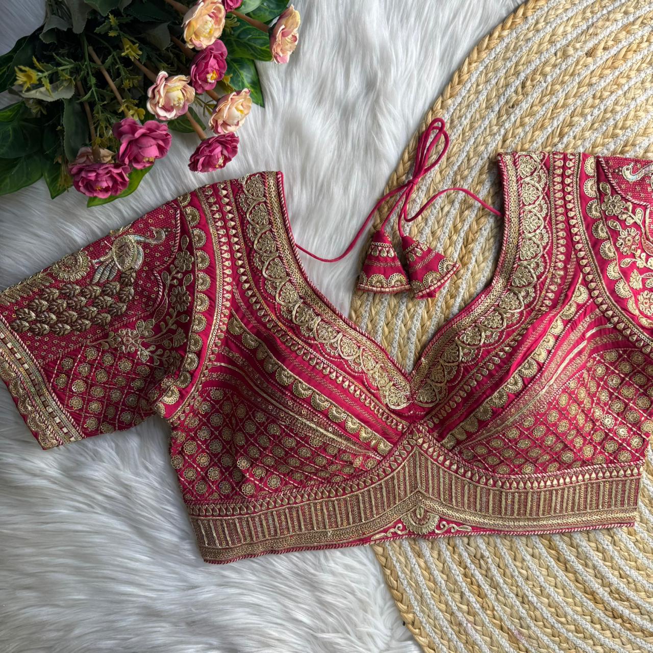 Readymade Pure Soft Roman Silk Heavy Gold Jari Work Bridal Blouse