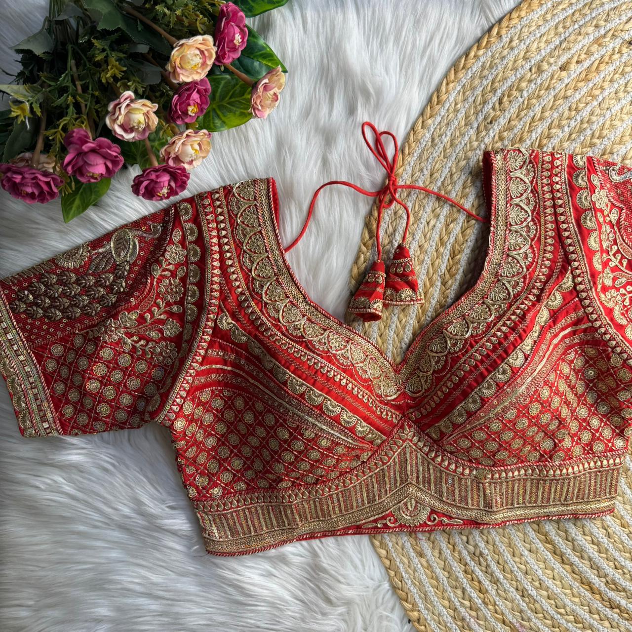 Readymade Pure Soft Roman Silk Heavy Gold Jari Work Bridal Blouse 