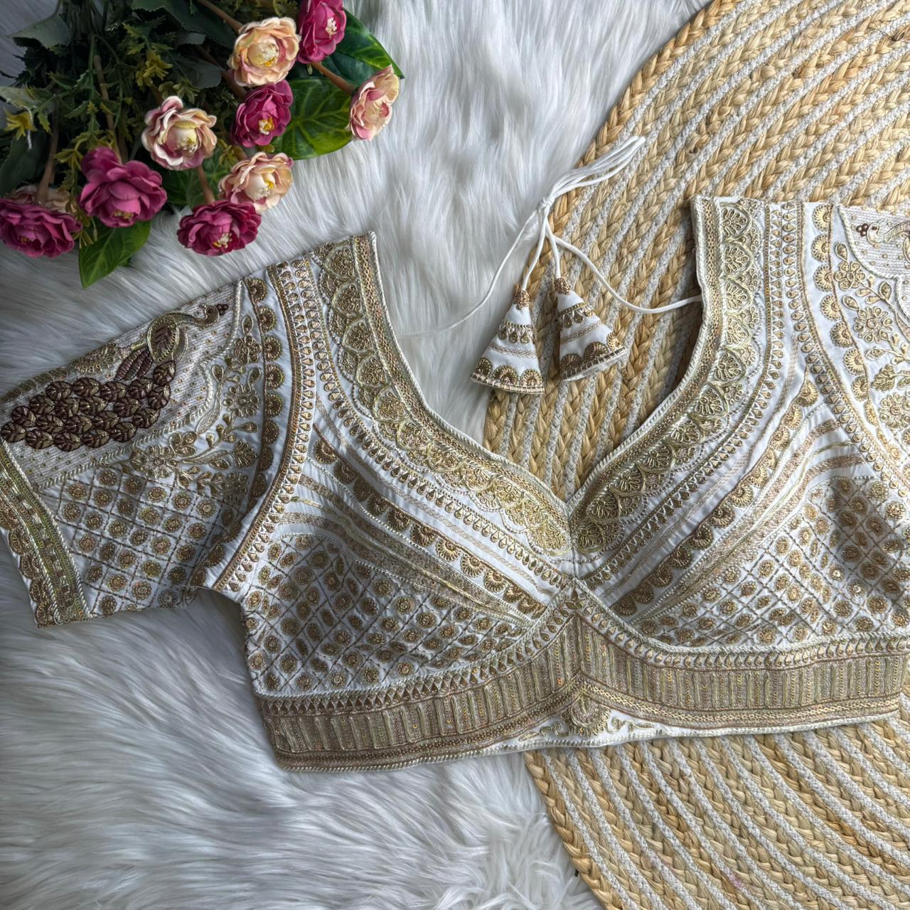 Readymade Pure Soft Roman Silk Heavy Gold Jari Work Bridal Blouse 