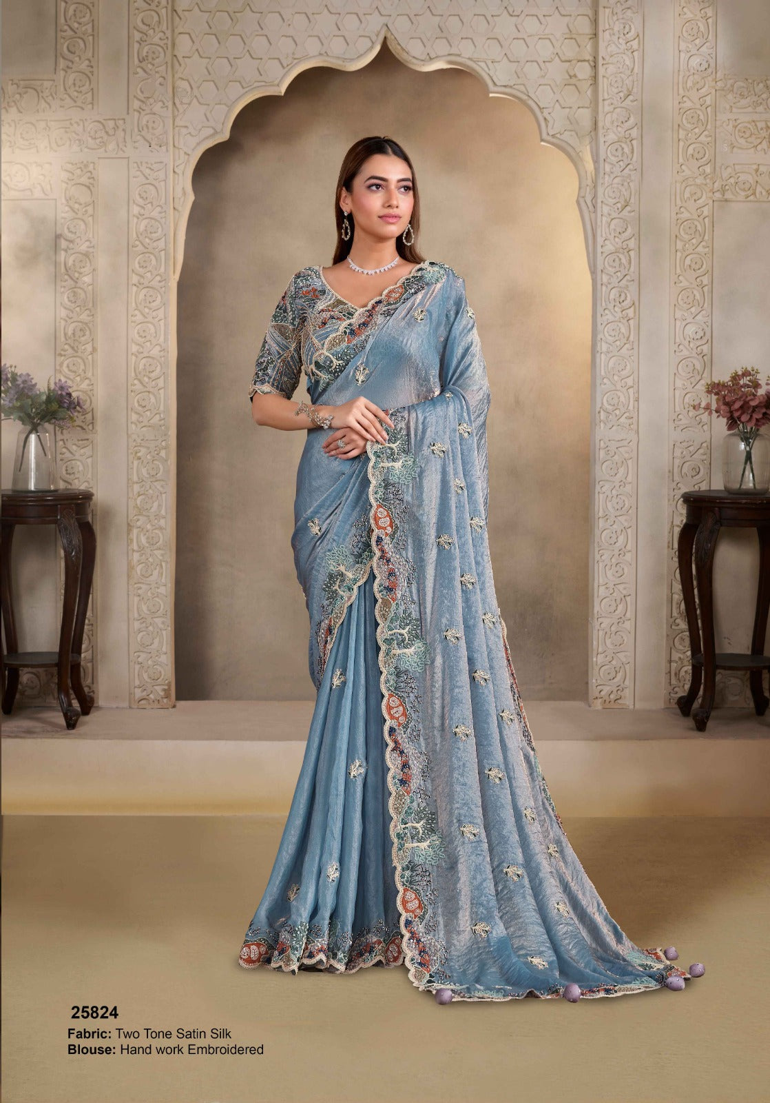 Light Blue Pure Hand Work Satin Silk Bridal Saree