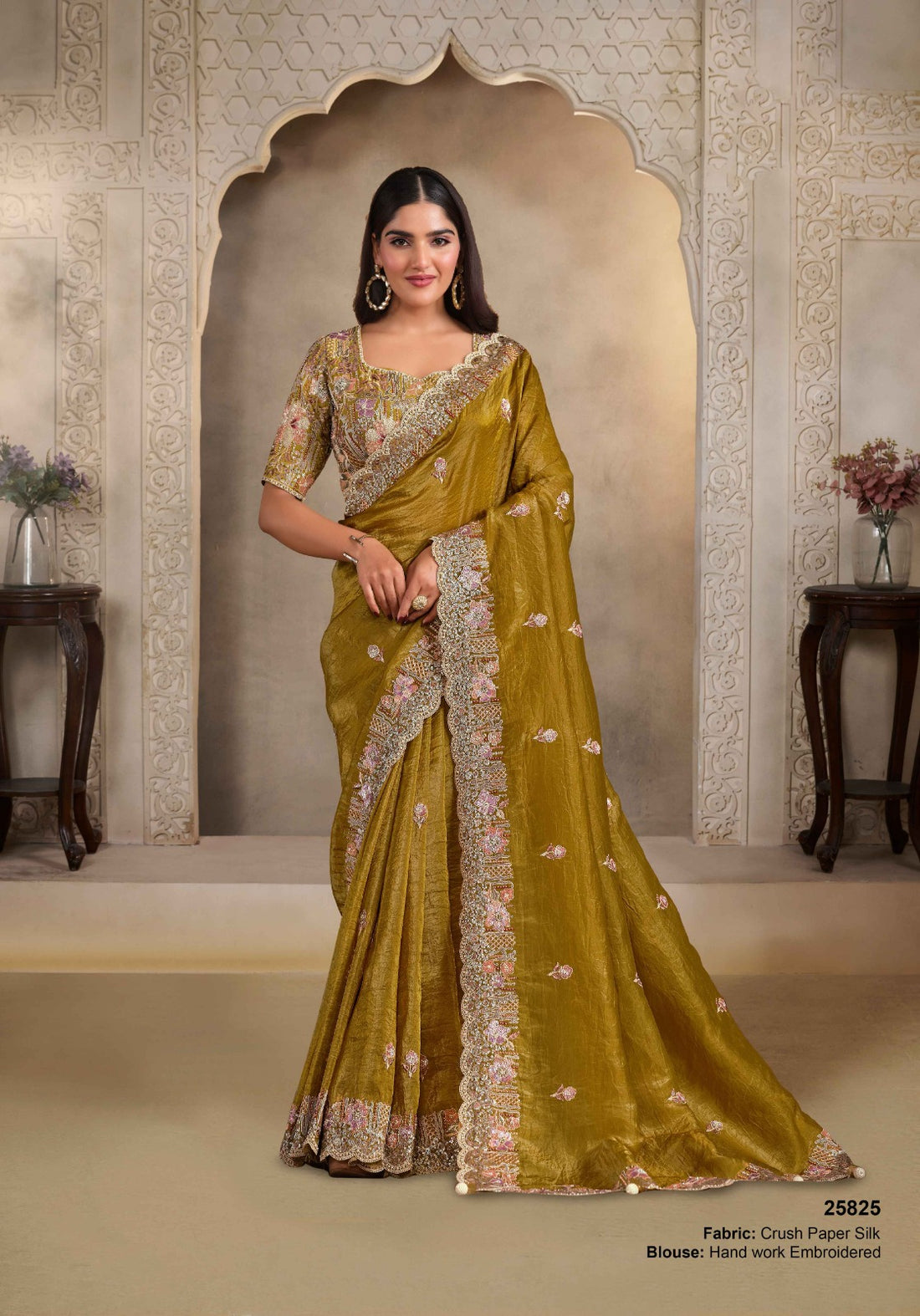 Mehndi Crush Paper Silk Handwork Pearl Bridal Saree 