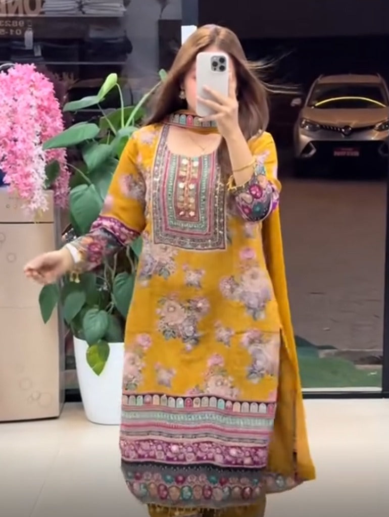 Yellow Pure Soft Muslin Print Heavy Embroidery Salwar Suit 