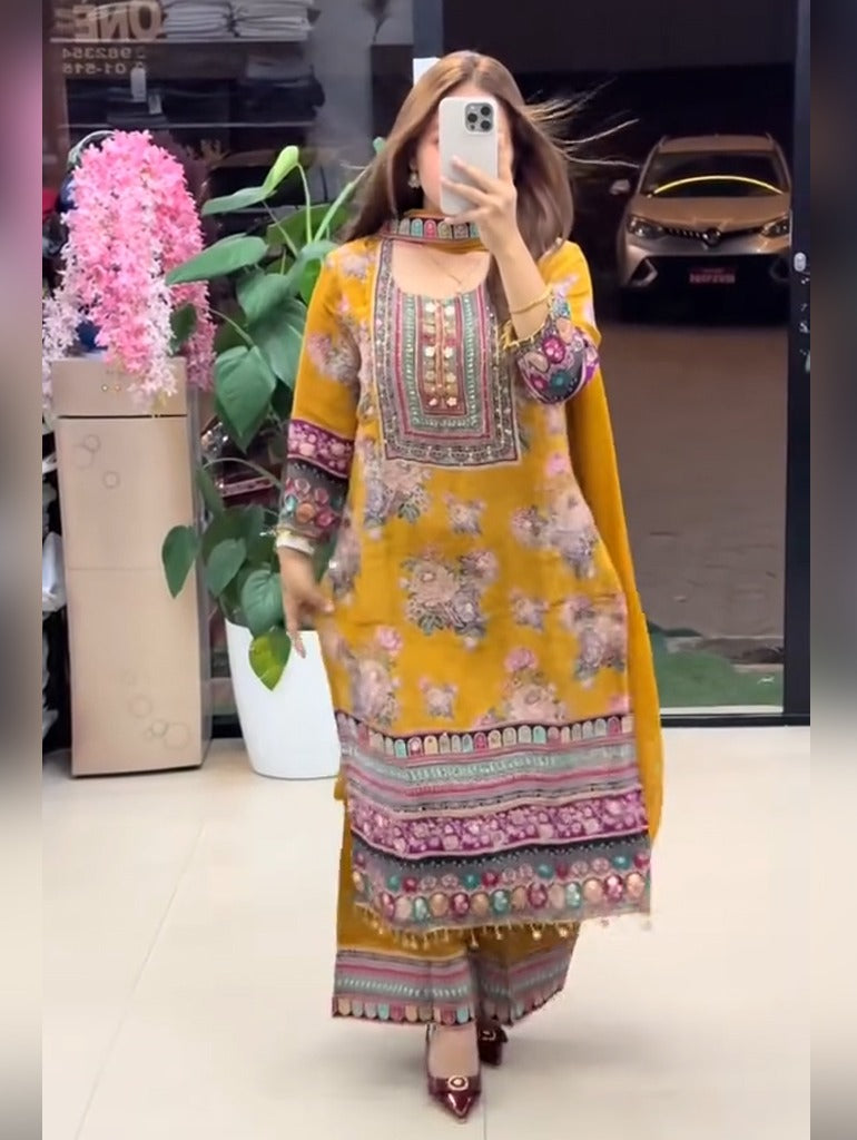 Yellow Pure Soft Muslin Print Heavy Embroidery Salwar Suit 