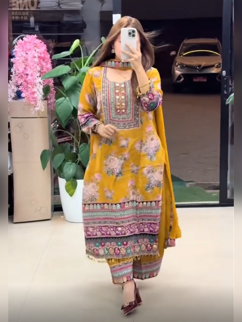 Yellow Pure Soft Muslin Print Heavy Embroidery Salwar Suit 