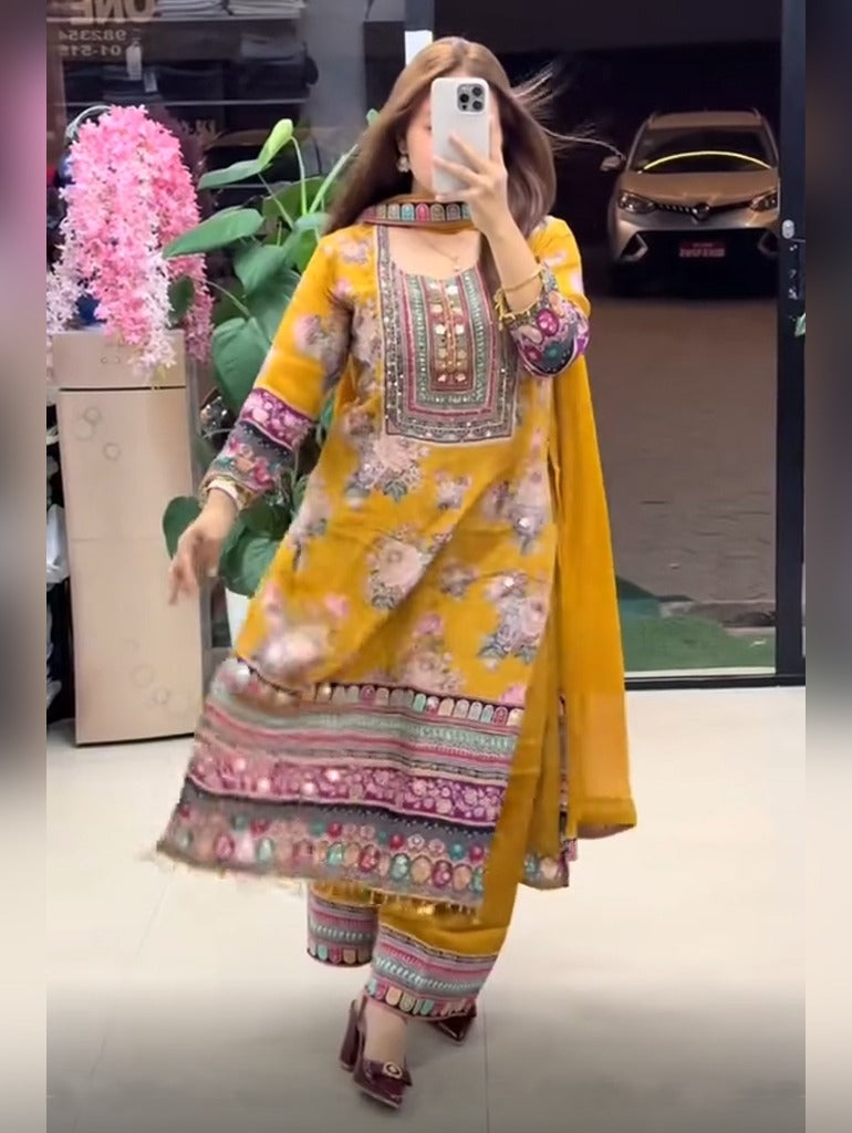 Yellow Pure Soft Muslin Print Heavy Embroidery Salwar Suit ##color## Gharara Suit with premium fabric and embroidery