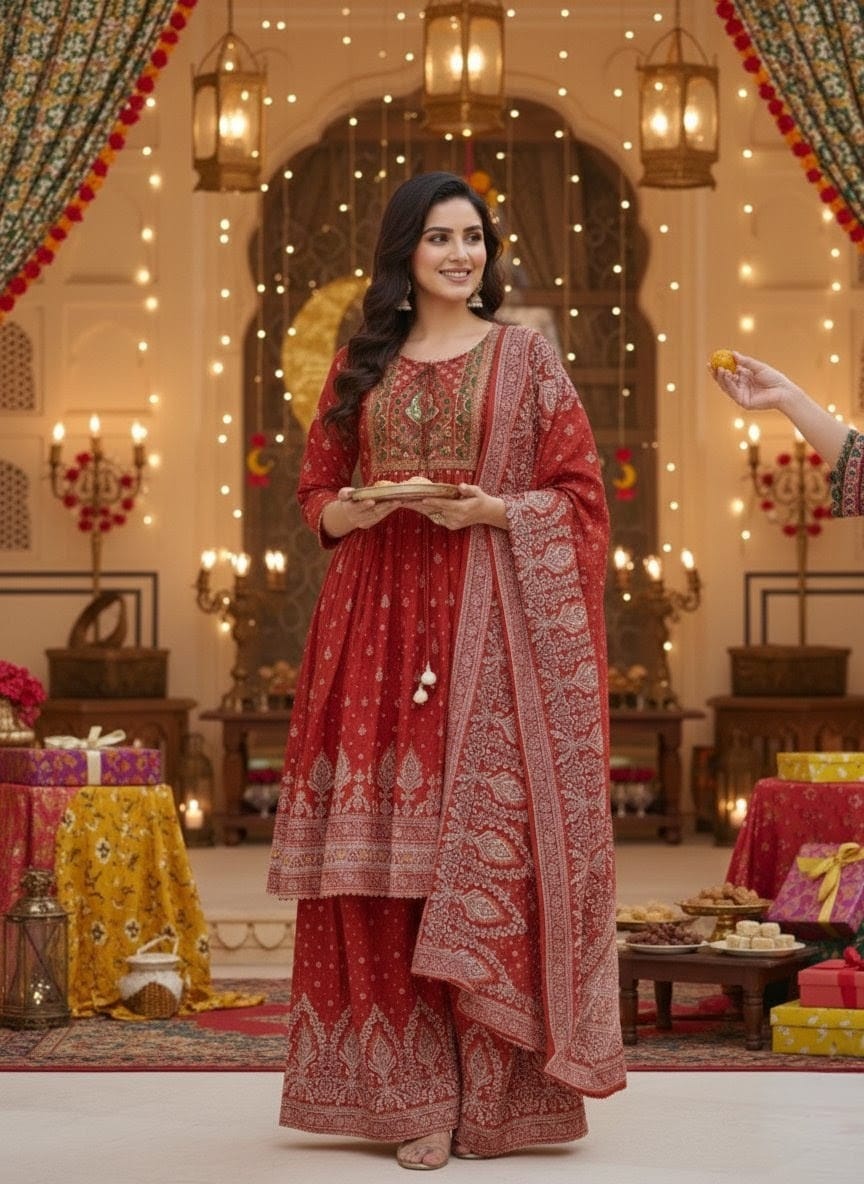 Red Pure Soft Muslin Print Heavy Embroidery Salwar Suit ##color## Gharara Suit with premium fabric and embroidery