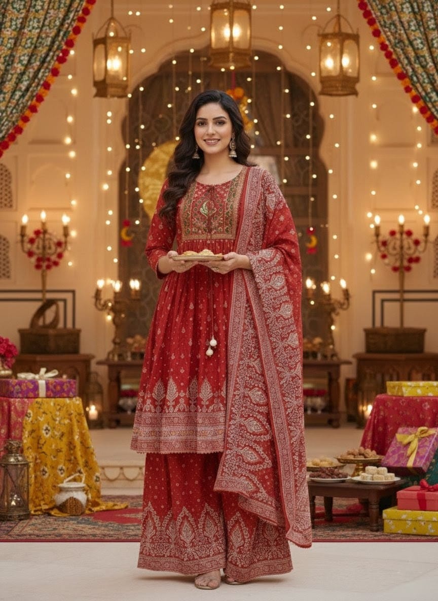 Red Pure Soft Muslin Print Heavy Embroidery Salwar Suit 