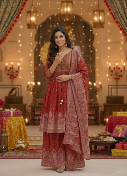 Red Pure Soft Muslin Print Heavy Embroidery Salwar Suit 
