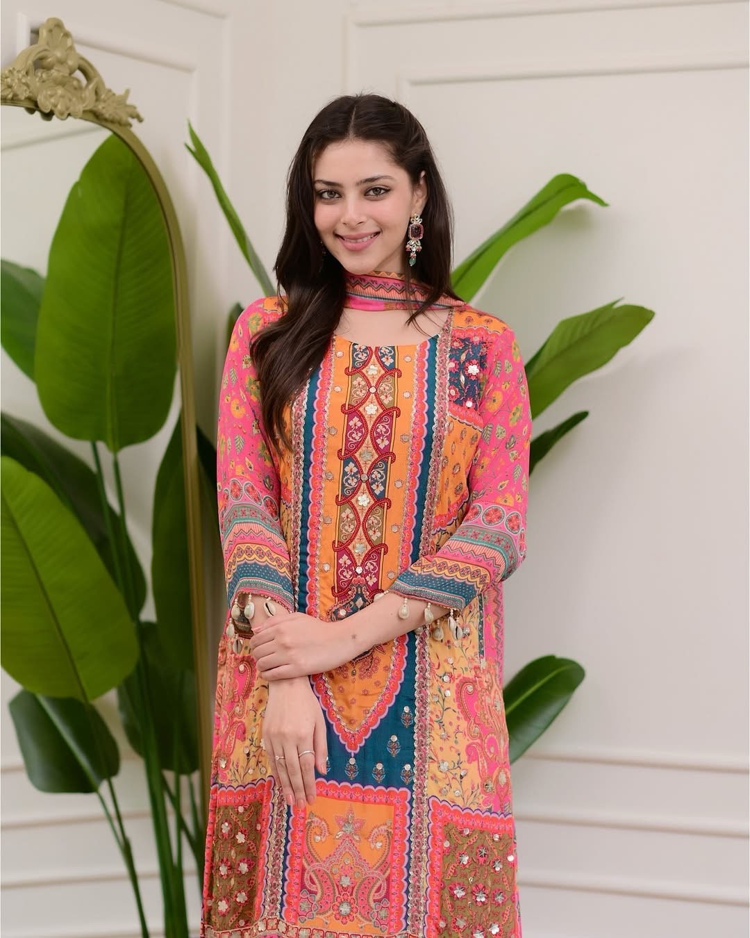 Multicolore Pure Soft Muslin Print Heavy Embroidery Salwar Suit 