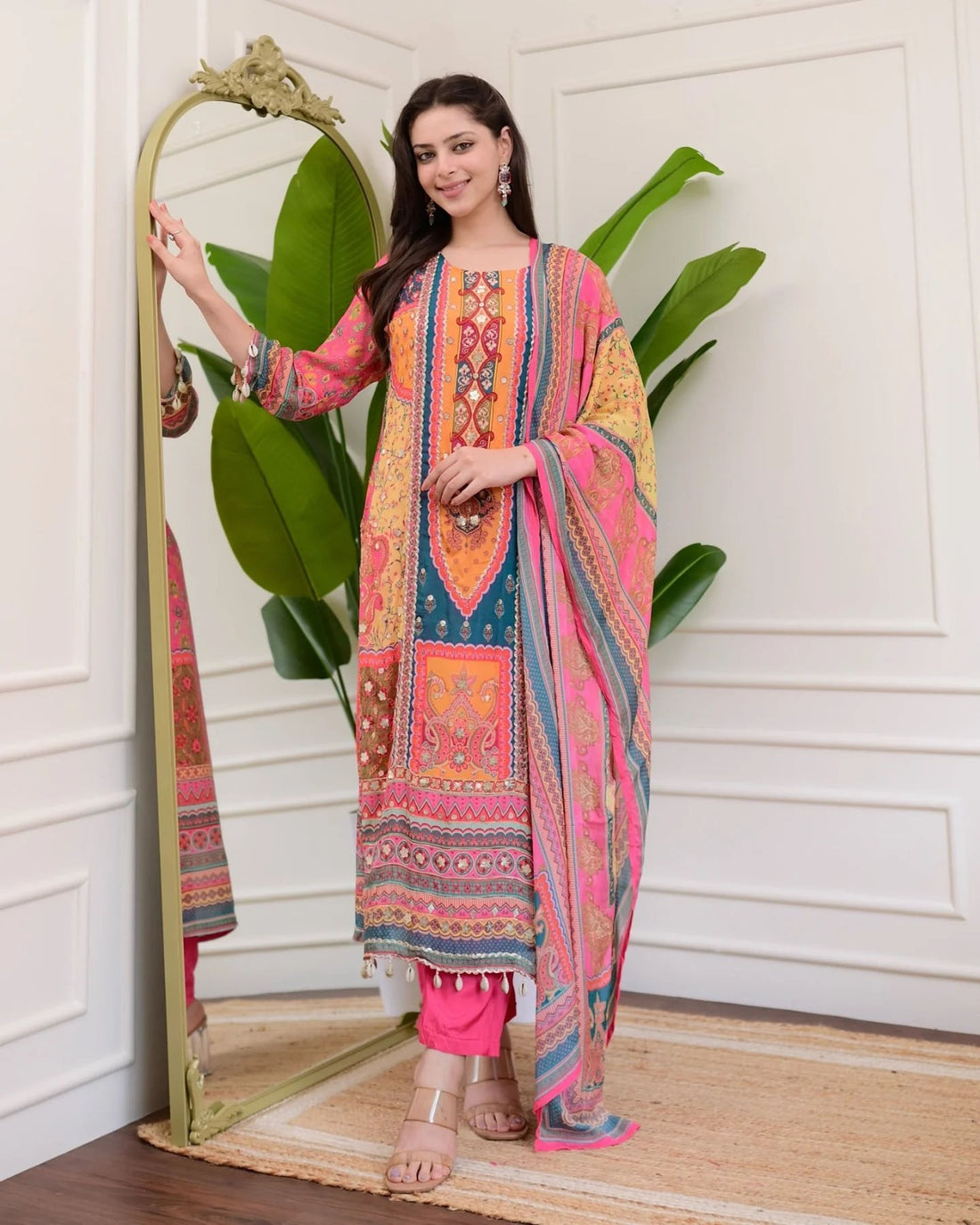 Multicolore Pure Soft Muslin Print Heavy Embroidery Salwar Suit 