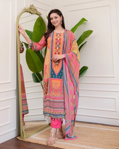 Multicolore Pure Soft Muslin Print Heavy Embroidery Salwar Suit 