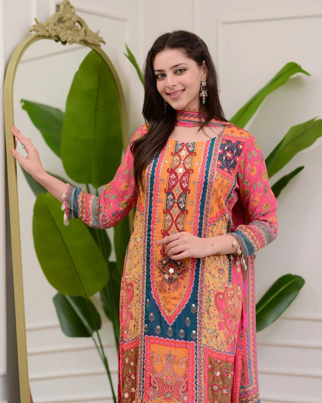 Multicolore Pure Soft Muslin Print Heavy Embroidery Salwar Suit 