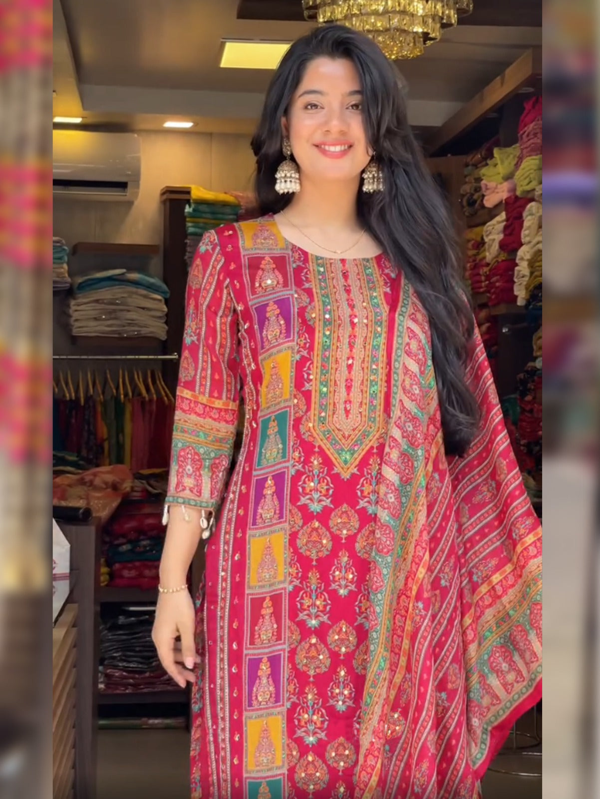 Red Pure Soft Muslin Print Heavy Embroidery Salwar Suit