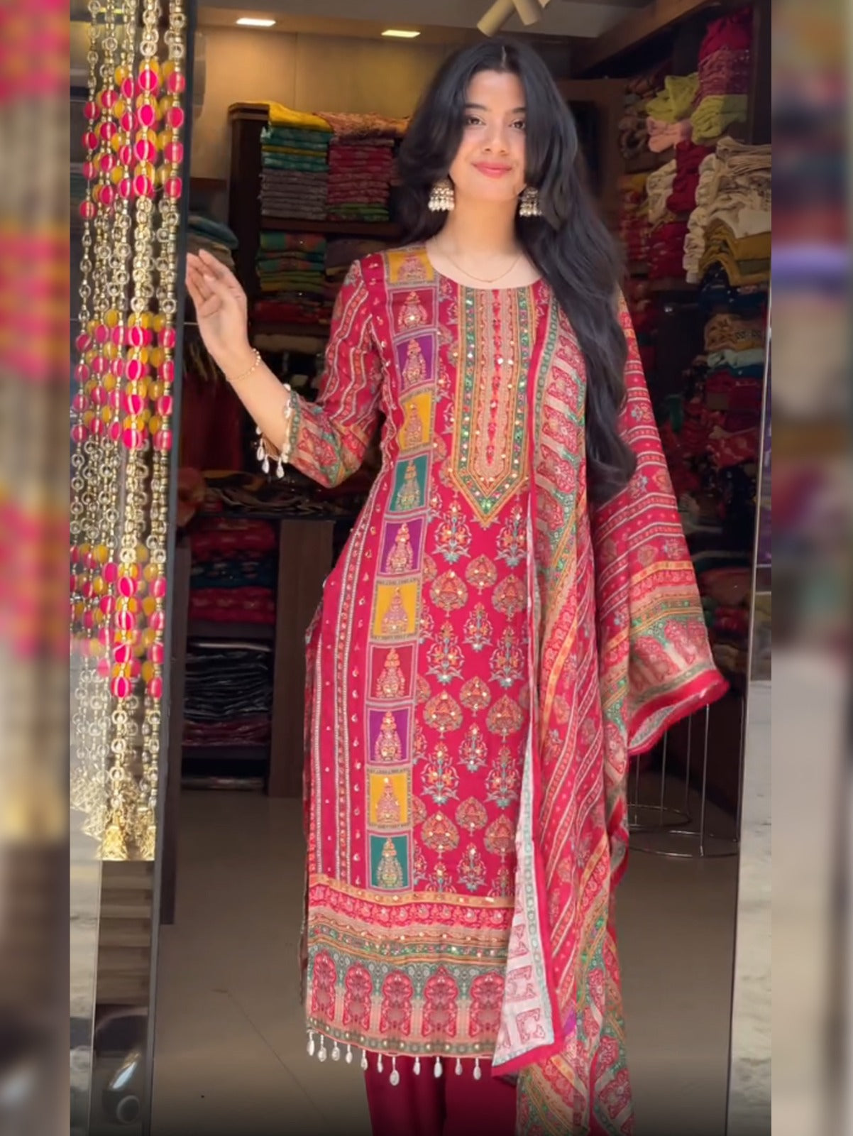 Red Pure Soft Muslin Print Heavy Embroidery Salwar Suit 