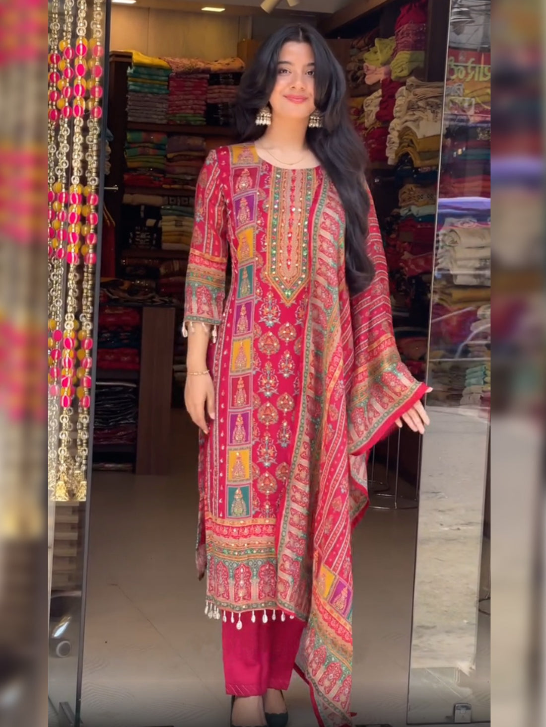 Red Pure Soft Muslin Print Heavy Embroidery Salwar Suit 