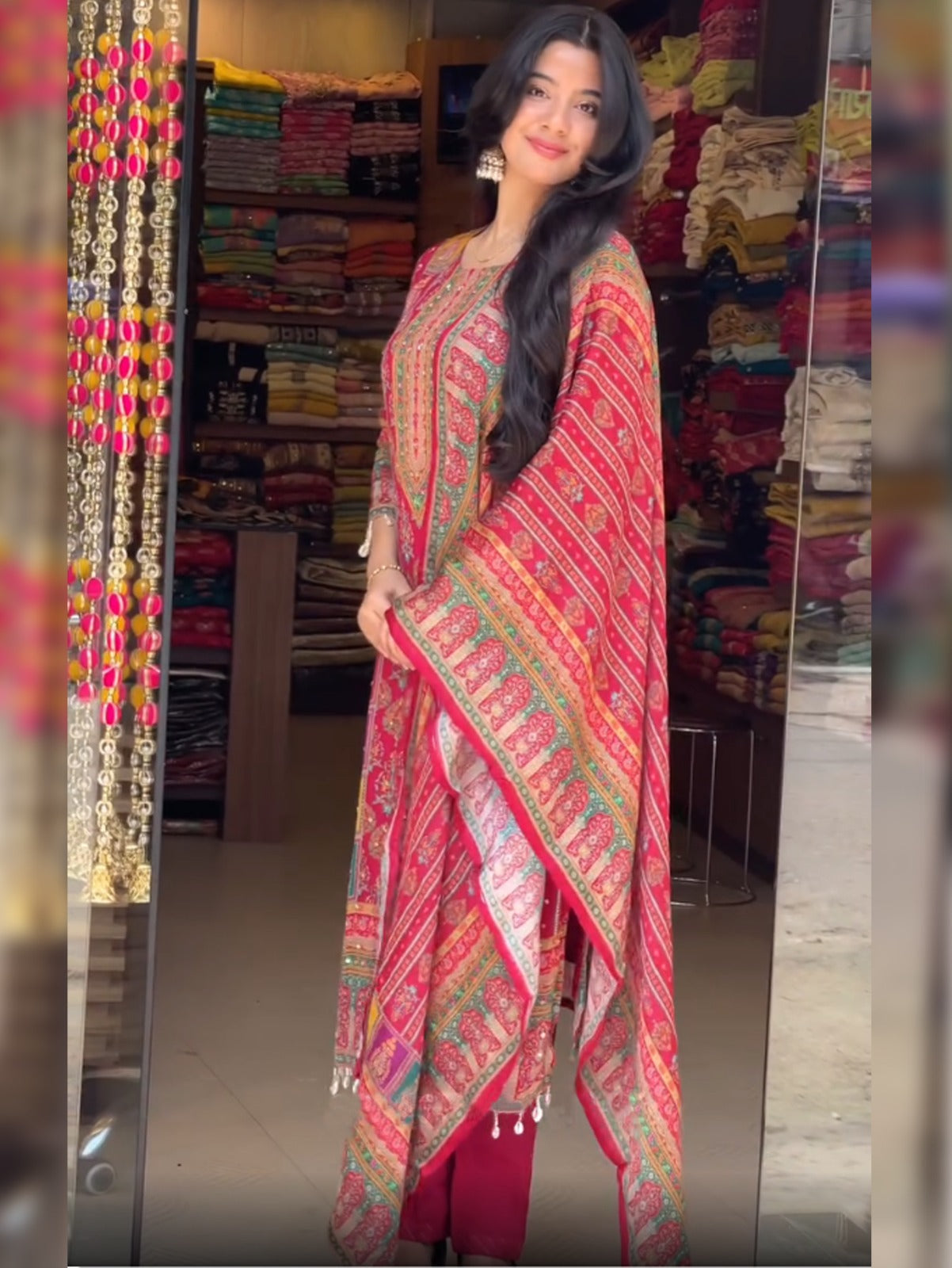 Red Pure Soft Muslin Print Heavy Embroidery Salwar Suit 