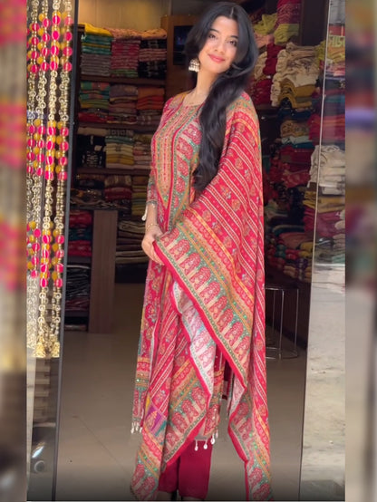 Red Pure Soft Muslin Print Heavy Embroidery Salwar Suit 