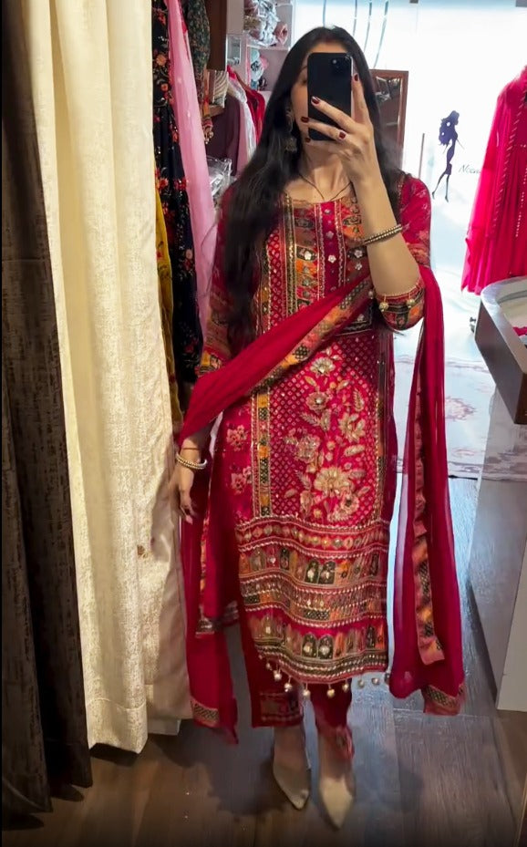 Red Pure Soft Muslin Print Heavy Embroidery Salwar Suit 
