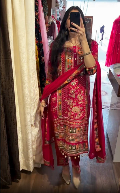 Red Pure Soft Muslin Print Heavy Embroidery Salwar Suit 