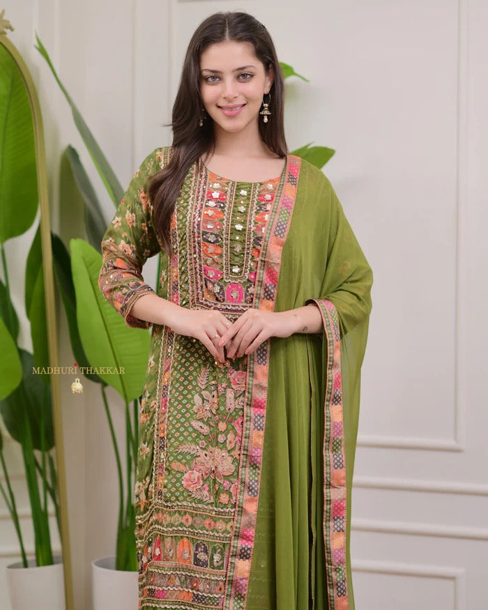 Green Pure Soft Muslin Print Heavy Embroidery Salwar Suit 