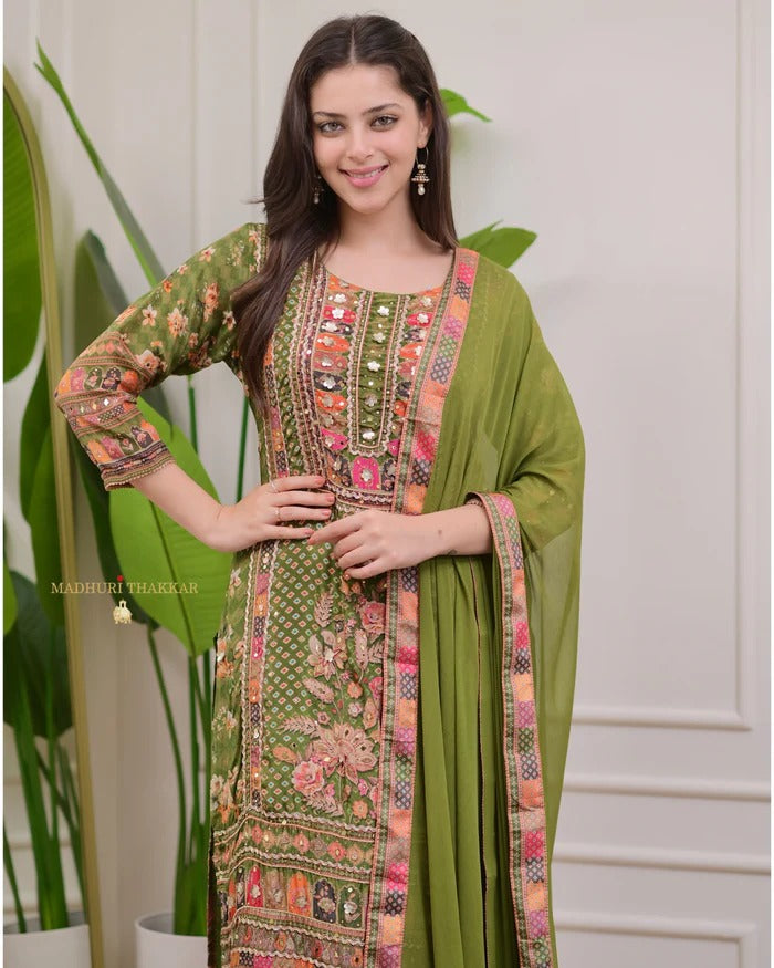 Green Pure Soft Muslin Print Heavy Embroidery Salwar Suit