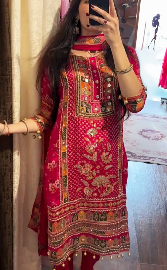 Red Pure Soft Muslin Print Heavy Embroidery Salwar Suit