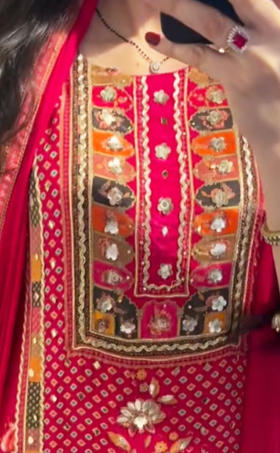 Red Pure Soft Muslin Print Heavy Embroidery Salwar Suit