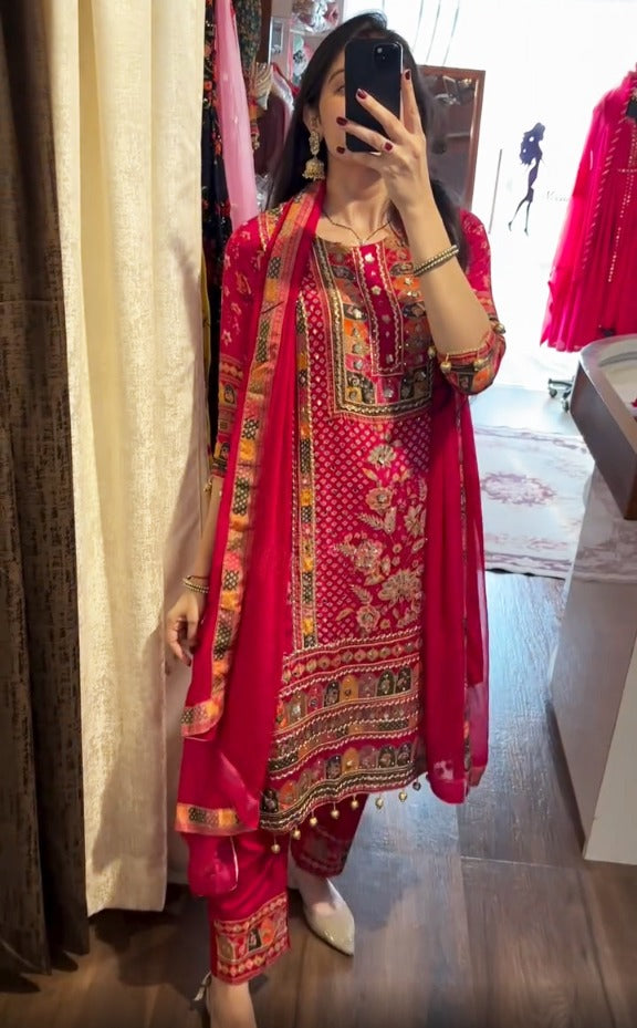 Red Pure Soft Muslin Print Heavy Embroidery Salwar Suit