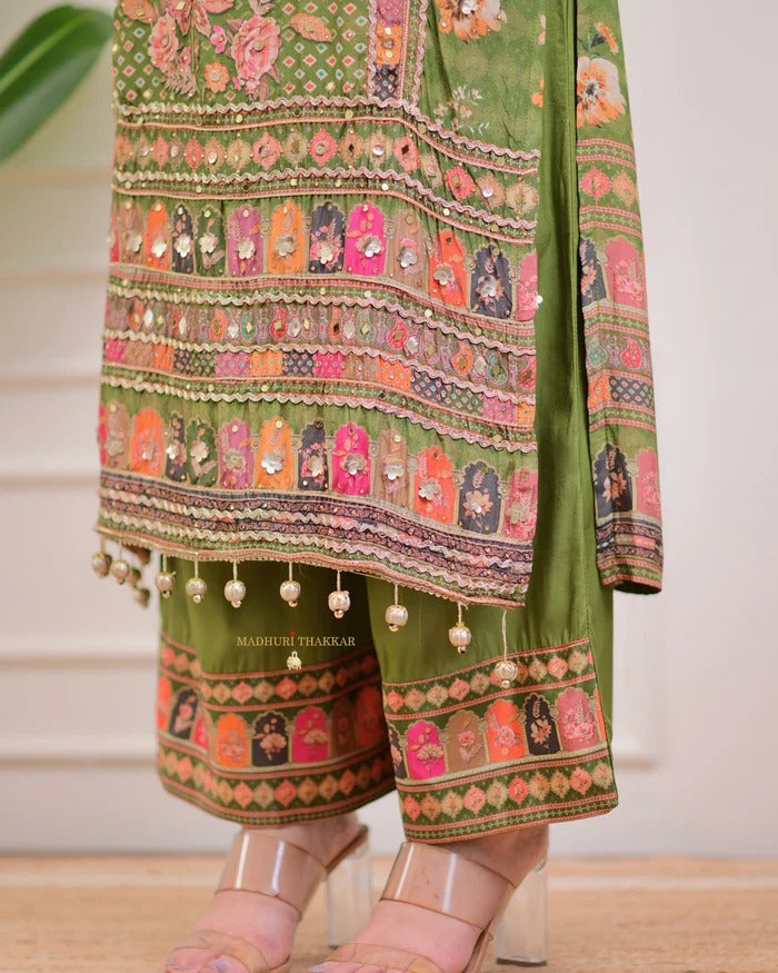 Green Pure Soft Muslin Print Heavy Embroidery Salwar Suit 