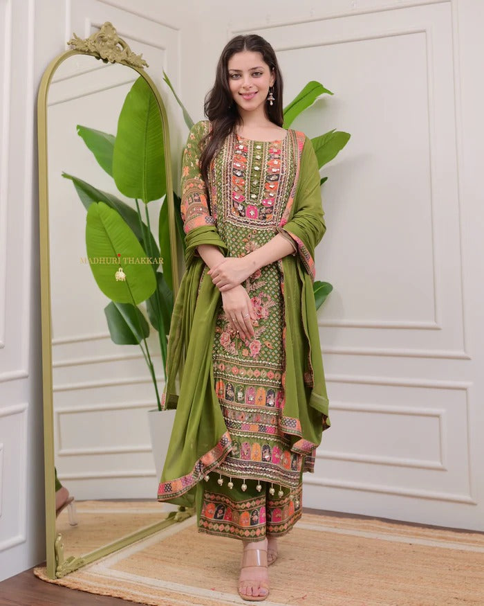Green Pure Soft Muslin Print Heavy Embroidery Salwar Suit