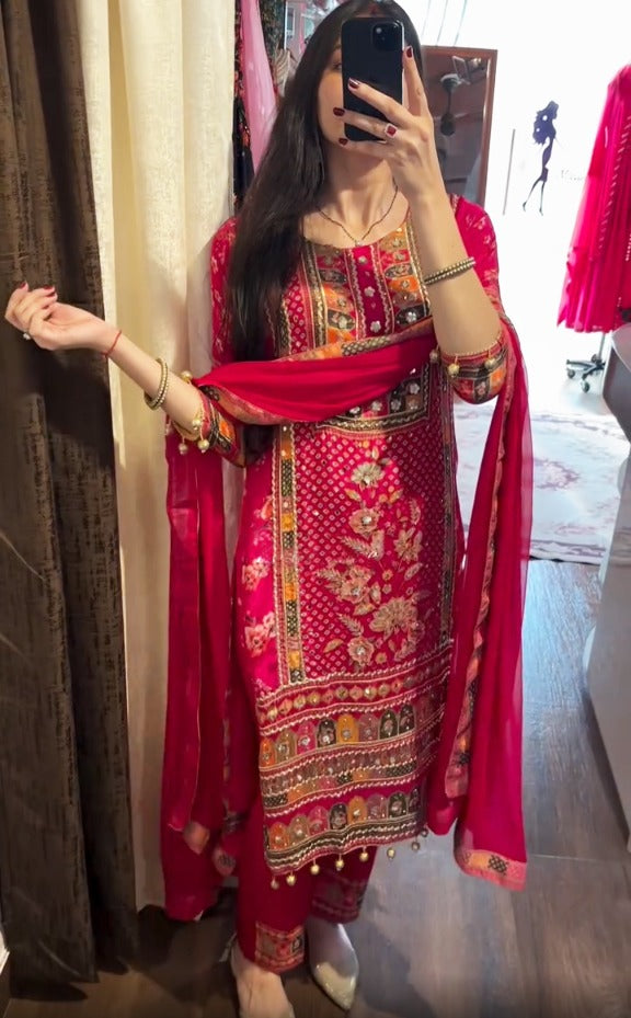 Red Pure Soft Muslin Print Heavy Embroidery Salwar Suit 