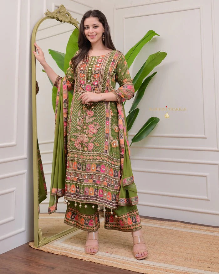 Green Pure Soft Muslin Print Heavy Embroidery Salwar Suit 