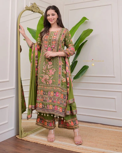 Green Pure Soft Muslin Print Heavy Embroidery Salwar Suit 